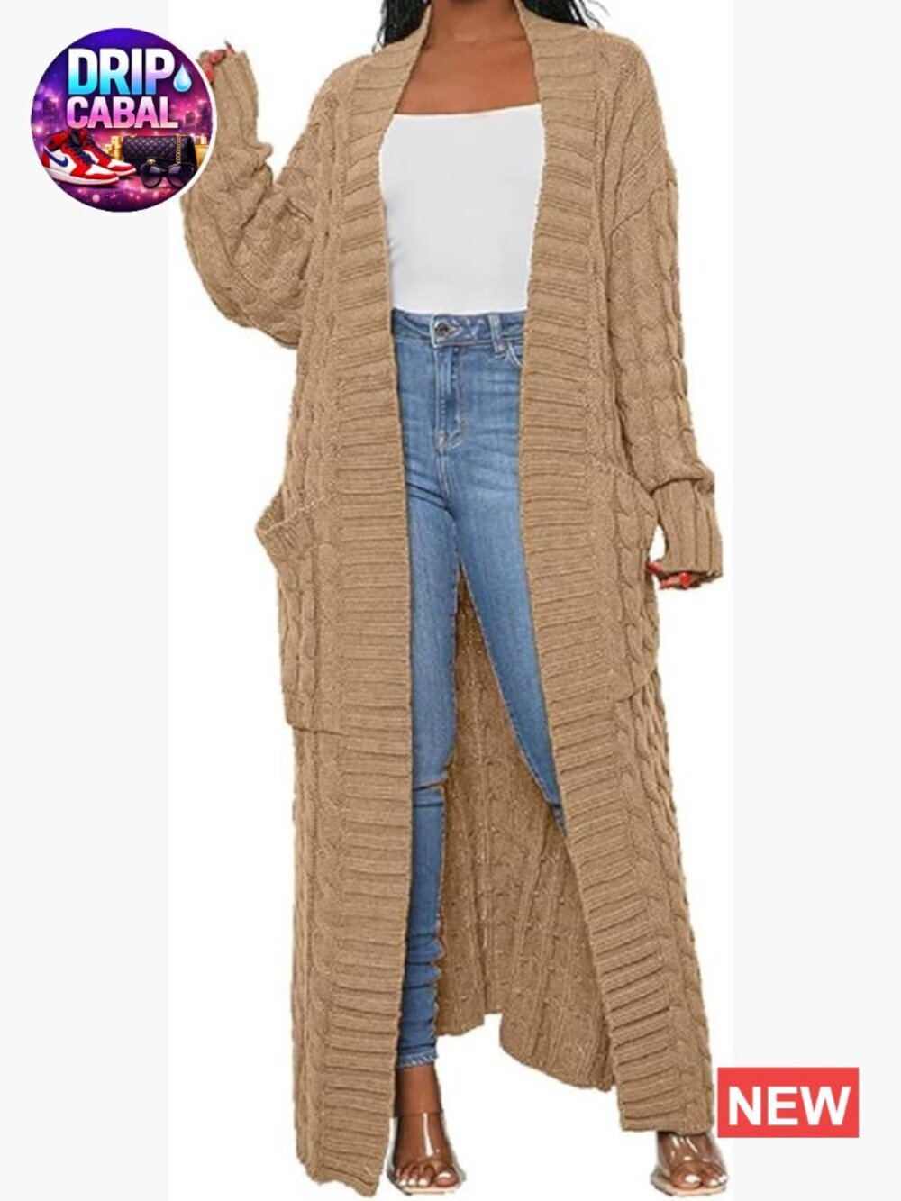 Chunky Cable Knit Cardigan with Pockets Long Open Front Maxi